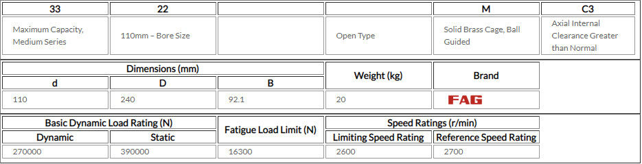 Máy công cụ FAG Vòng bi rãnh sâu, Vòng bi hàng đôi 3322-M-C3 110 * 240 * 92.1MM