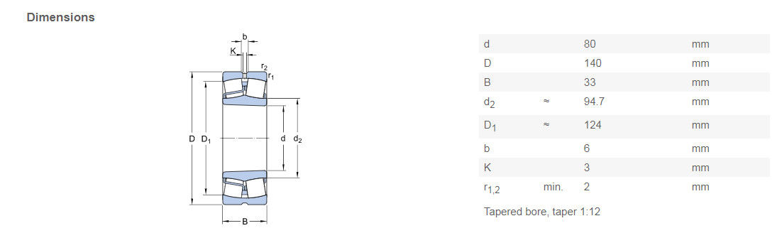 Vòng bi lăn hình cầu kín hàng đôi 22216 EK Tải trọng động cao Kích thước 70 * 140 * 33mm